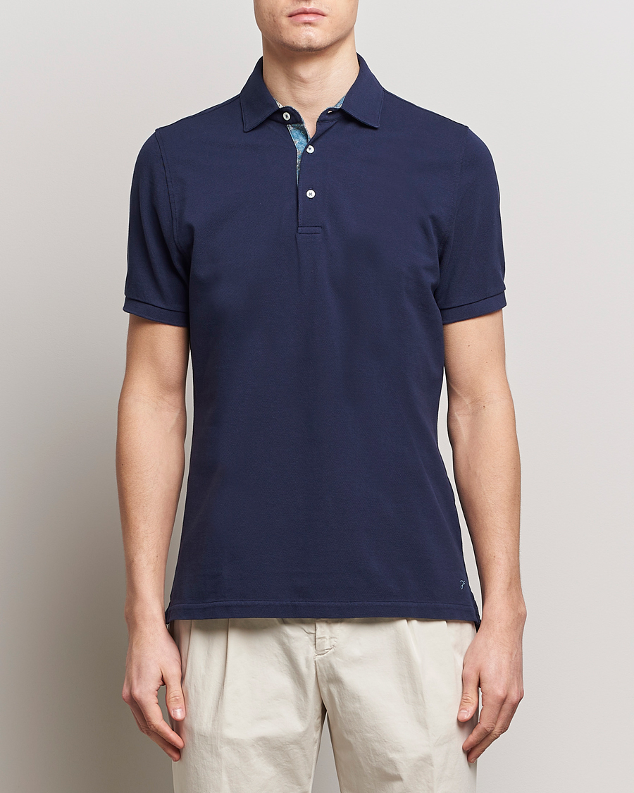 Uomini | Polo | Stenströms | Cotton Pique Contrast Polo Shirt Navy