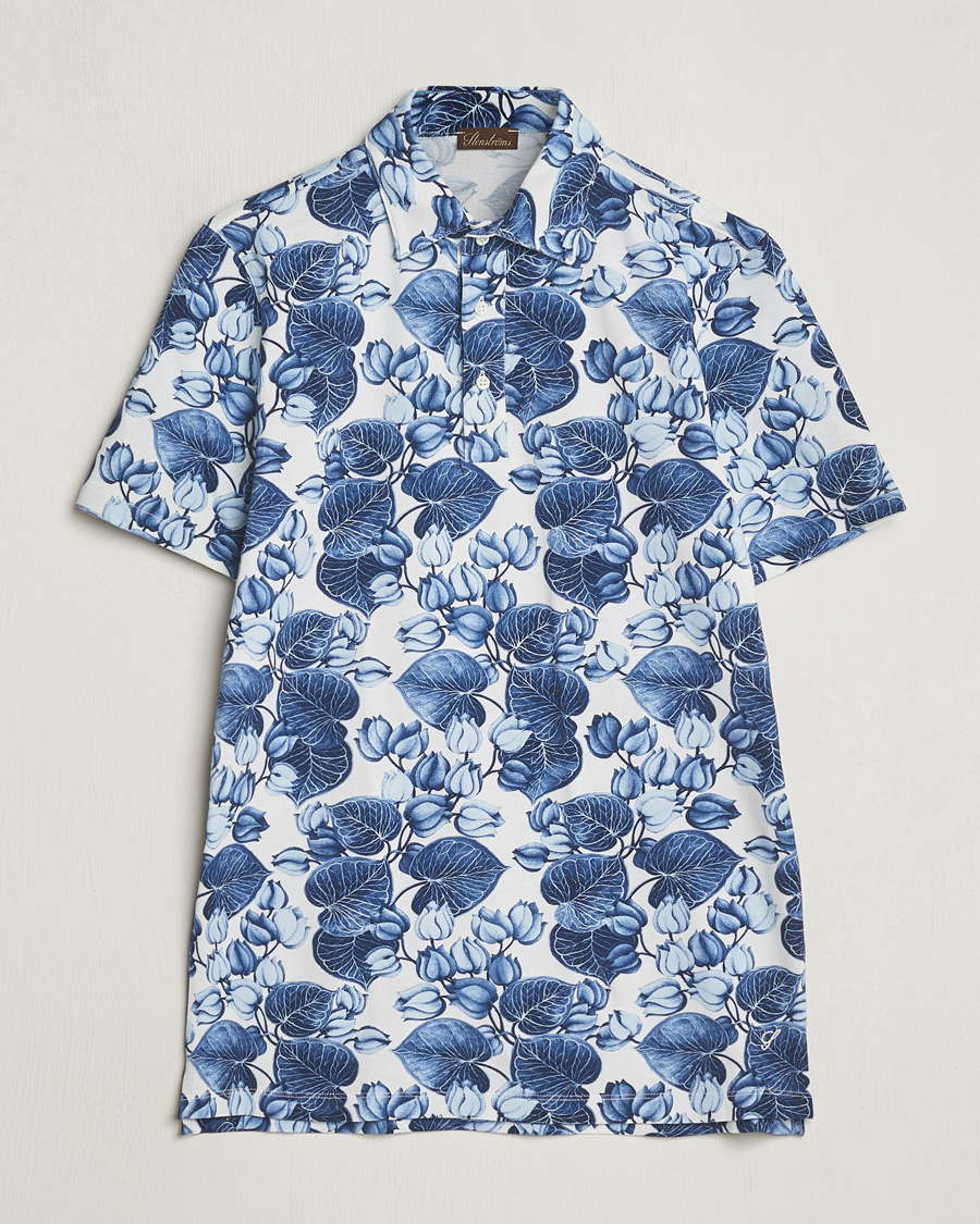 Uomini | Polo | Stenströms | Cotton Pique Printed Polo Shirt Blue