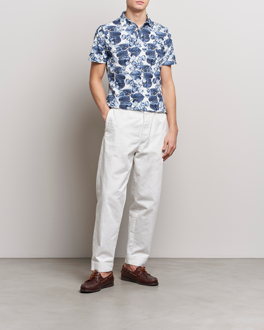 Uomini | Polo | Stenströms | Cotton Pique Printed Polo Shirt Blue