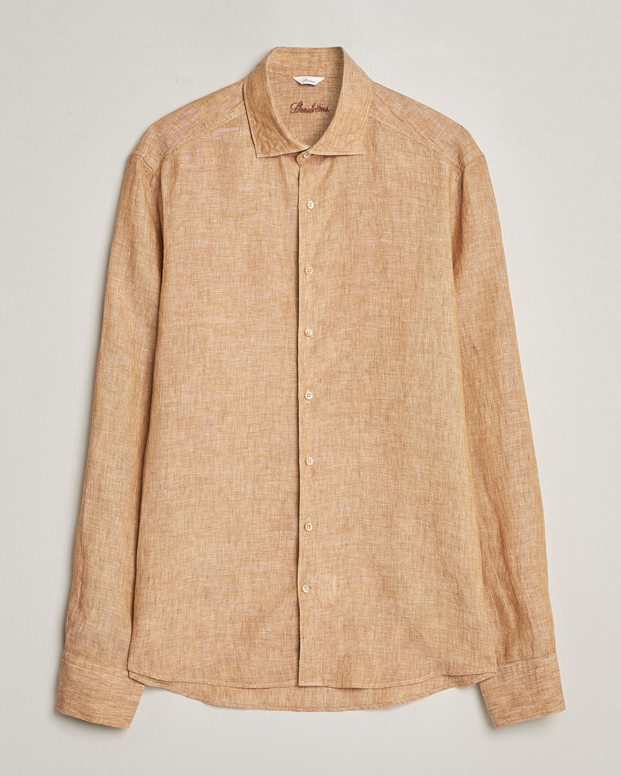 Uomini | Camicie | Stenströms | Slimline Cut Away Linen Shirt Brown