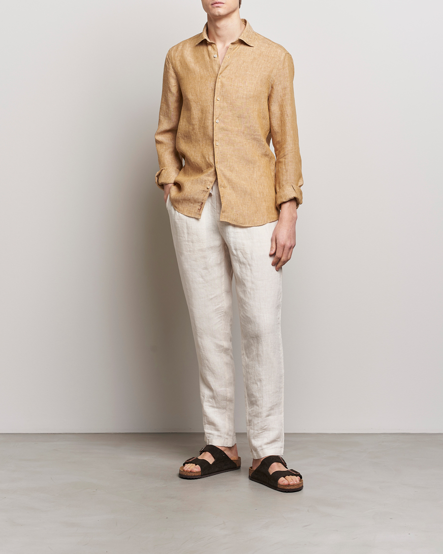 Uomini | Camicie | Stenströms | Slimline Cut Away Linen Shirt Brown