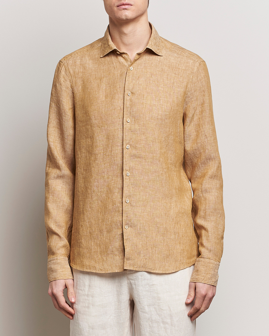 Uomini | Camicie | Stenströms | Slimline Cut Away Linen Shirt Brown