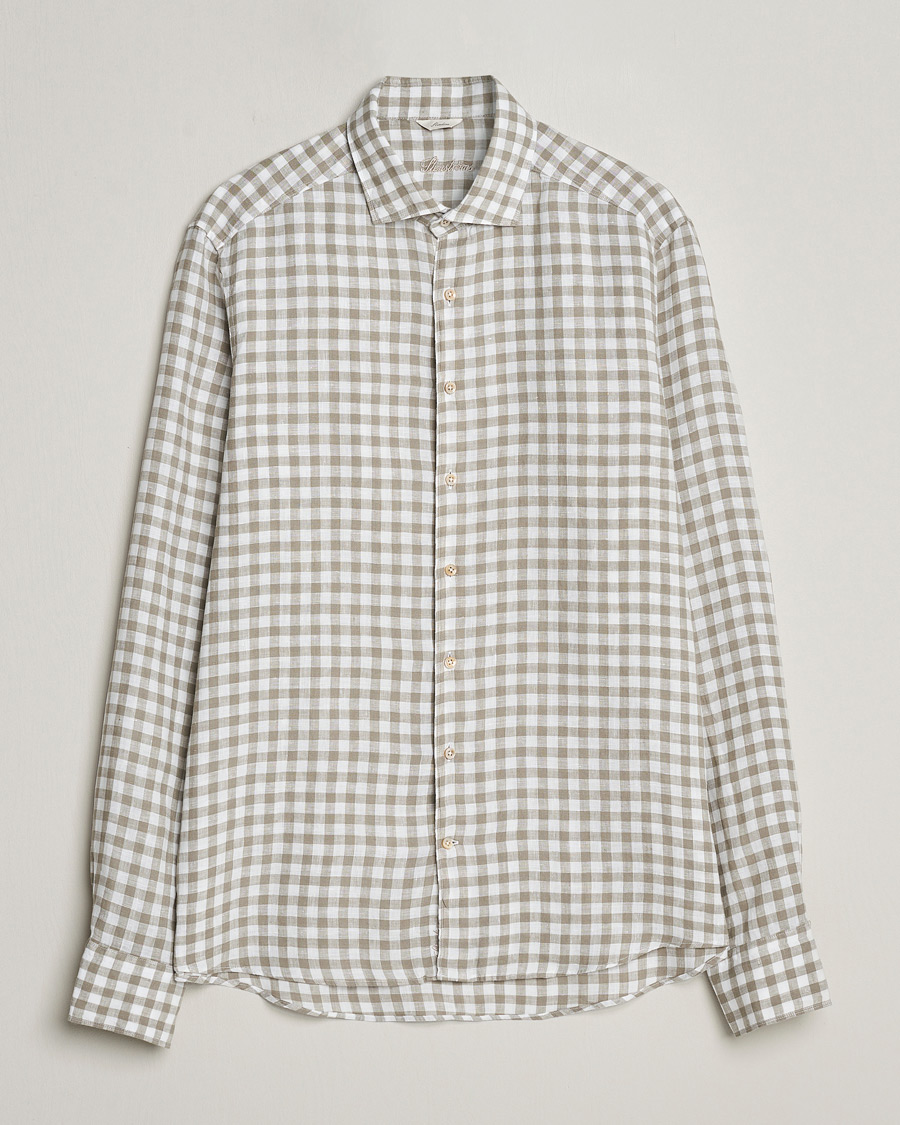 Uomini | Camicie | Stenströms | Slimline Cut Away Checked Linen Shirt Light Grey