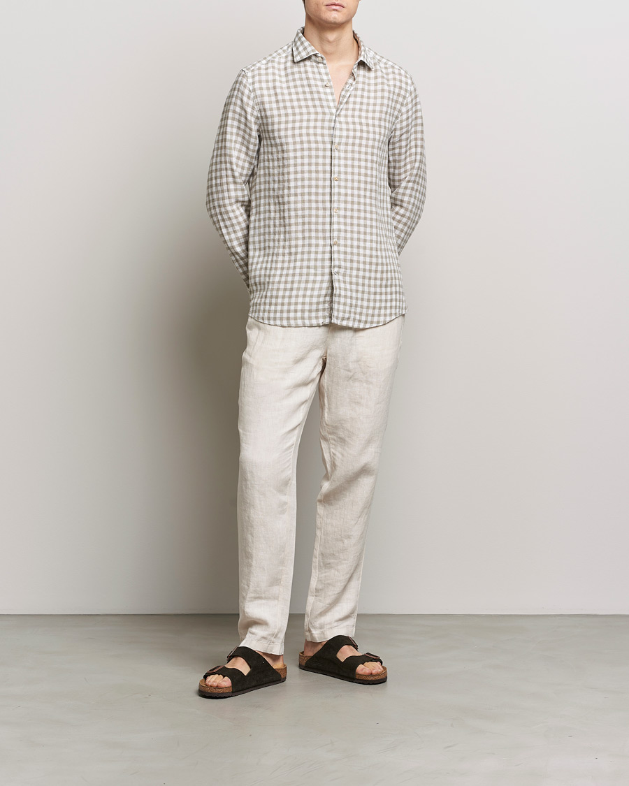 Uomini | Camicie | Stenströms | Slimline Cut Away Checked Linen Shirt Light Grey