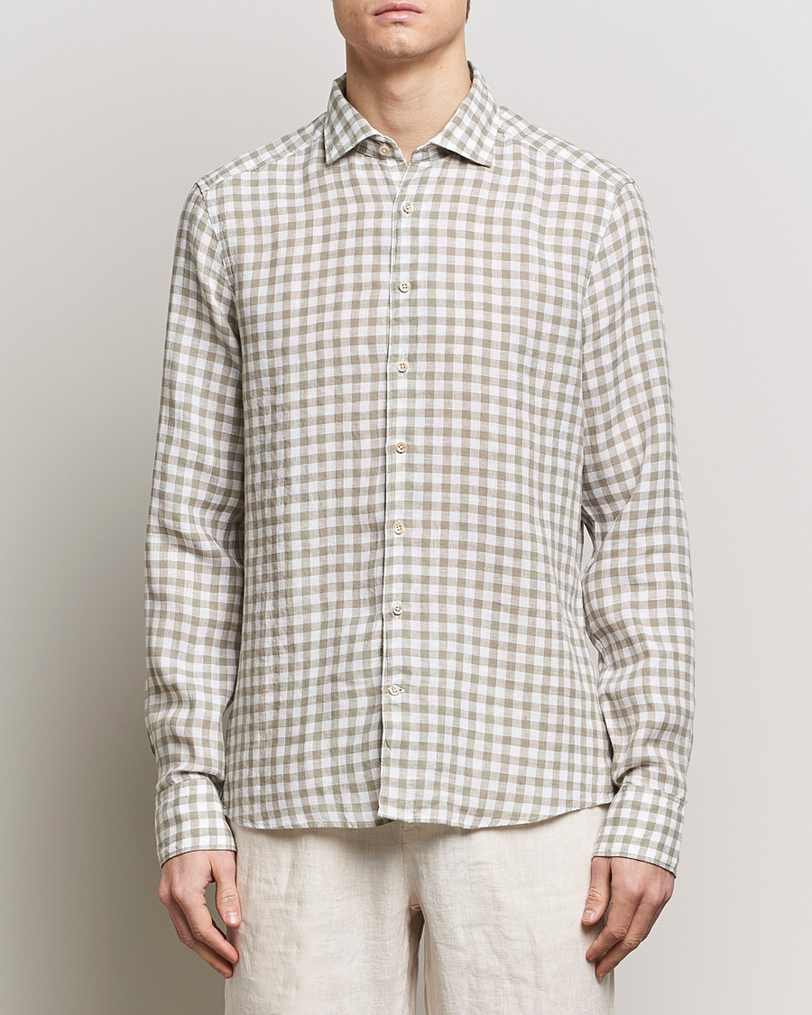 Uomini | Camicie | Stenströms | Slimline Cut Away Checked Linen Shirt Light Grey