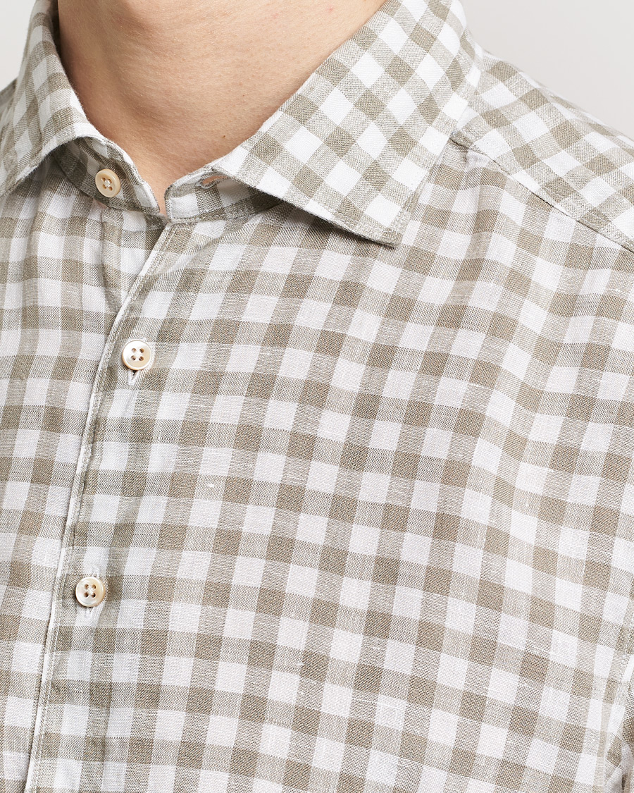 Uomini | Camicie | Stenströms | Slimline Cut Away Checked Linen Shirt Light Grey