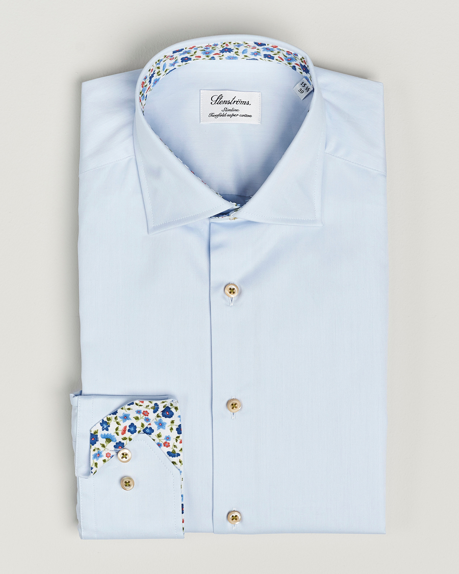 Uomini | Camicie | Stenströms | Slimline Cut Away Flower Contrast Shirt Light Blue