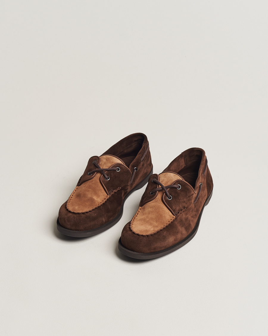 Uomini | John Lobb Foil Boat Shoe Dark Brown/Cognac Suede | John Lobb | Foil Boat Shoe Dark Brown/Cognac Suede