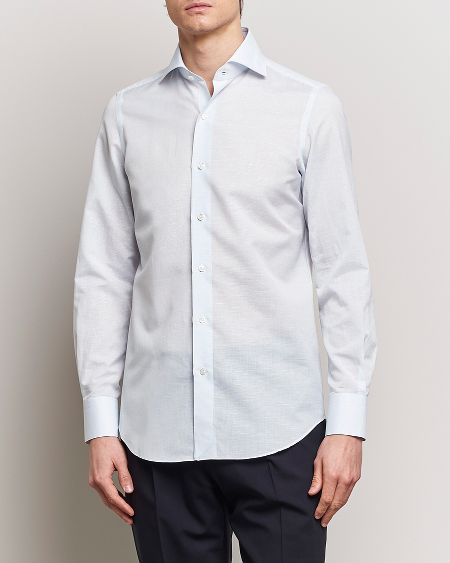 Uomini | Camicie | Finamore Napoli | Milano Slim Linen Dress Shirt Light Blue