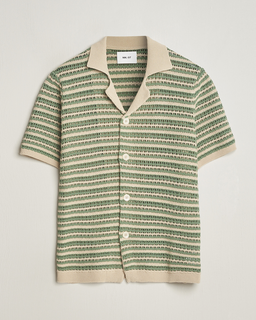 Uomini | Camicie | NN07 | Henry Knitted Striped Short Shleeve Shirt Ecru/Green