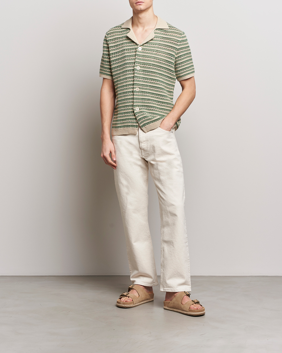 Uomini | Camicie | NN07 | Henry Knitted Striped Short Shleeve Shirt Ecru/Green