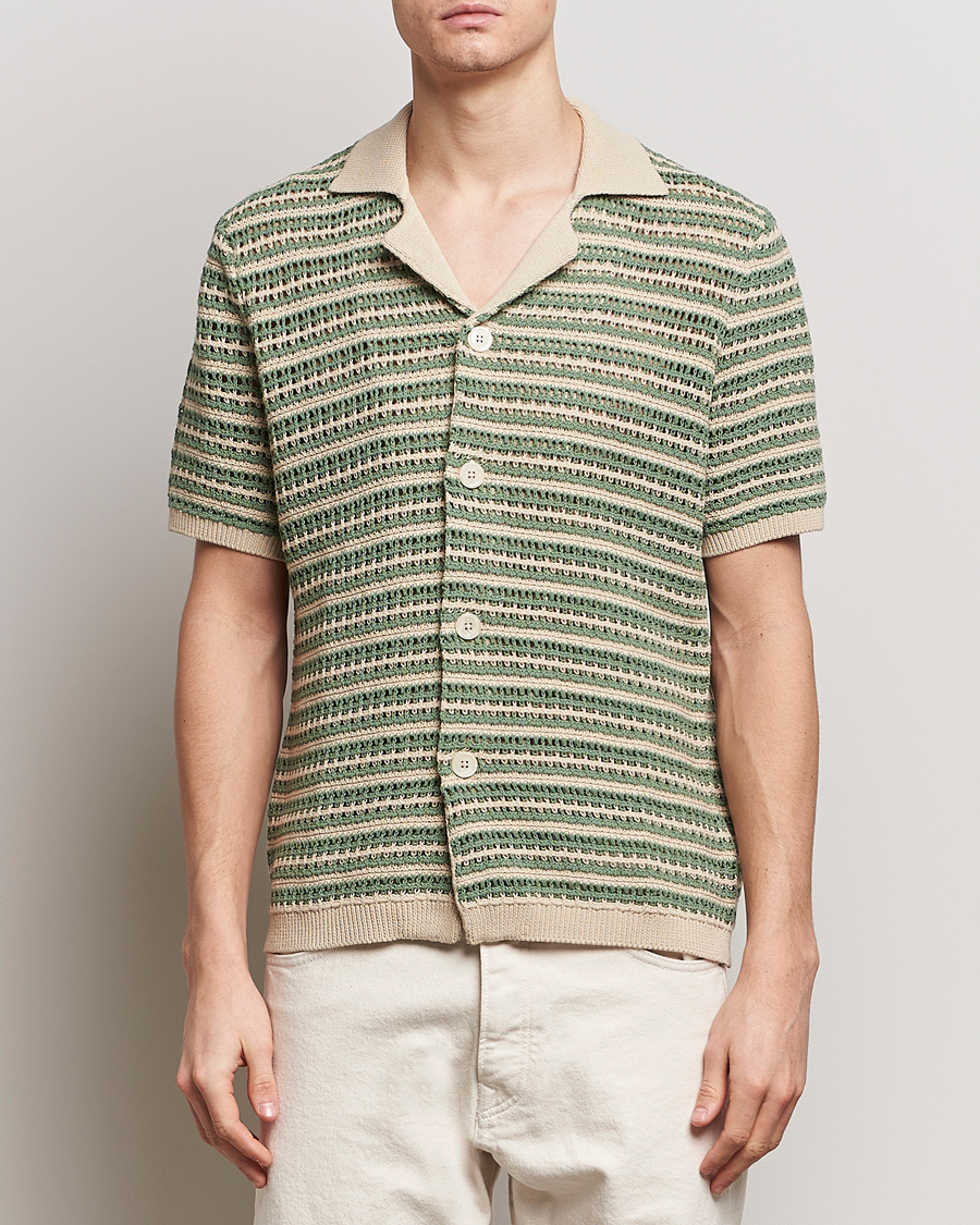 Uomini | Camicie | NN07 | Henry Knitted Striped Short Shleeve Shirt Ecru/Green