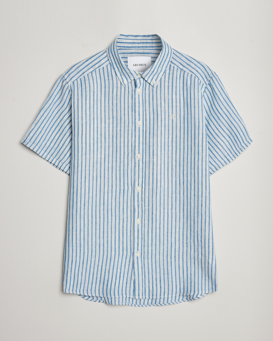 Uomini | Camicie | LES DEUX | Kris Linen Striped Short Sleeve Shirt Blue/Ivory