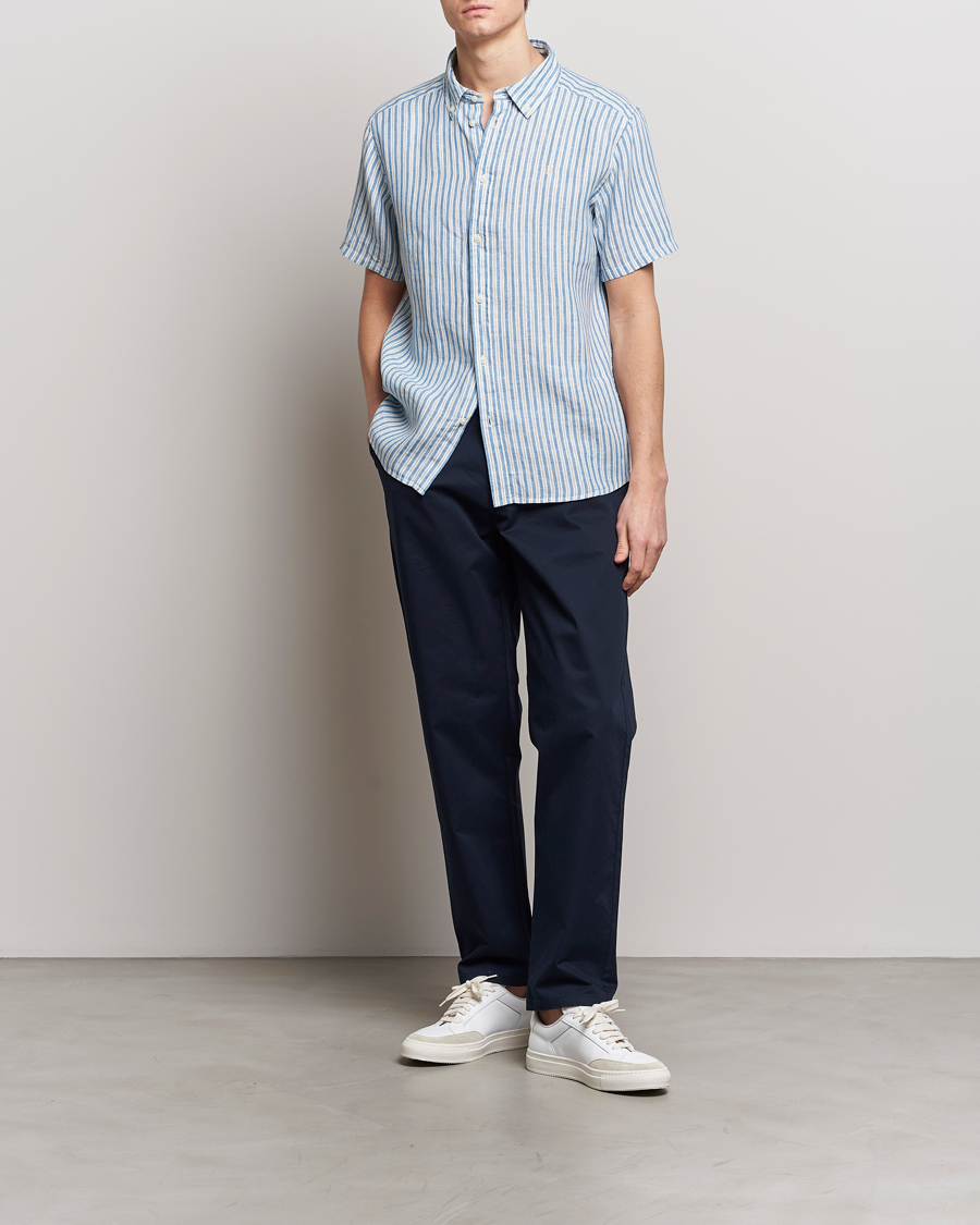 Uomini | Camicie | LES DEUX | Kris Linen Striped Short Sleeve Shirt Blue/Ivory