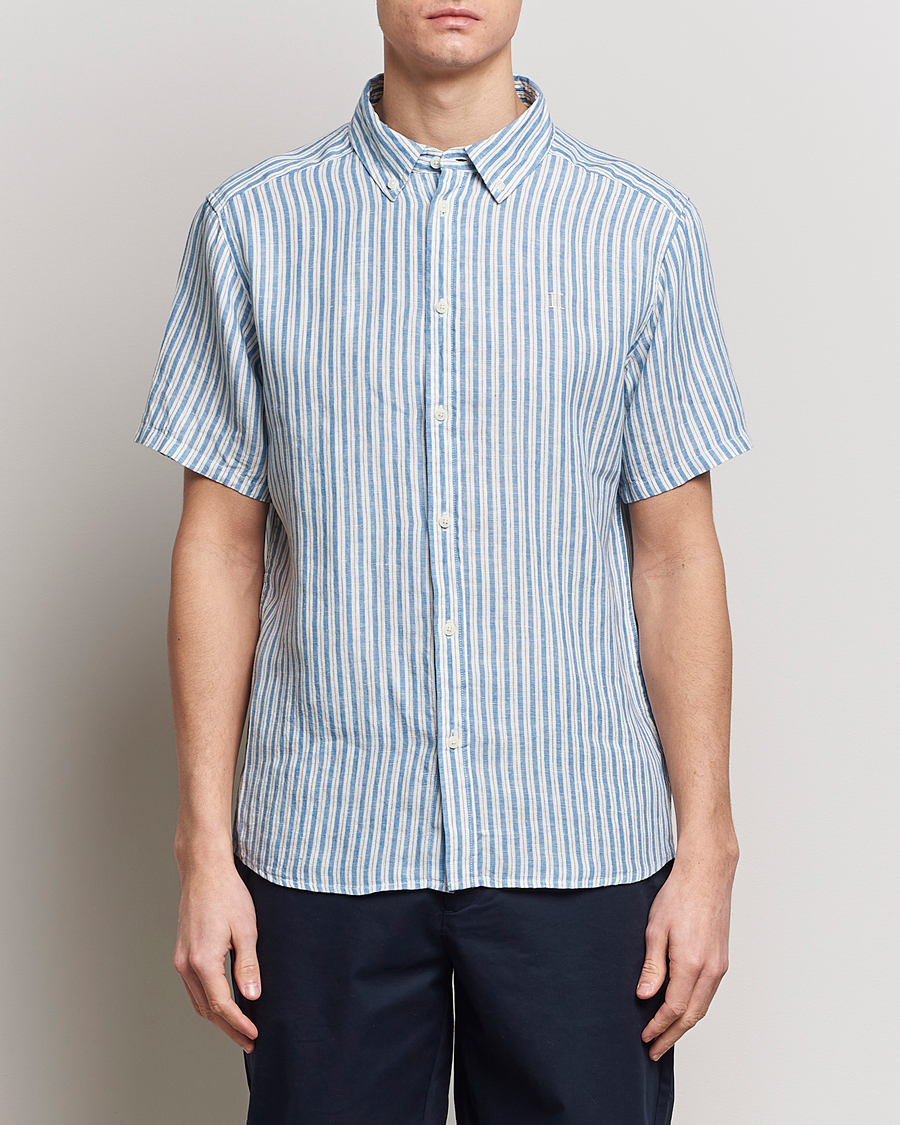 Uomini | Camicie | LES DEUX | Kris Linen Striped Short Sleeve Shirt Blue/Ivory