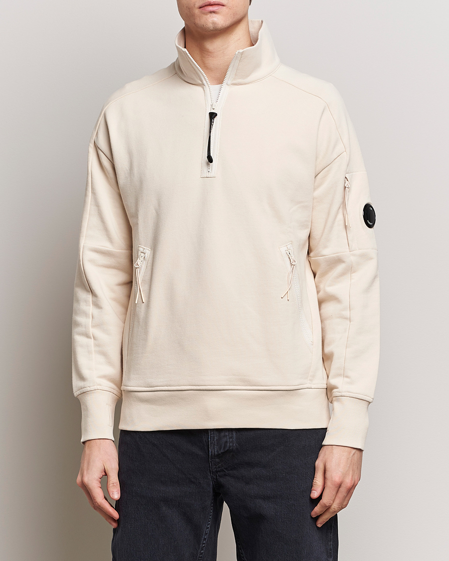 Uomini | Maglieria | C.P. Company | Diagonal Raised Fleece Half Zip Goggle Hoodie Ecru