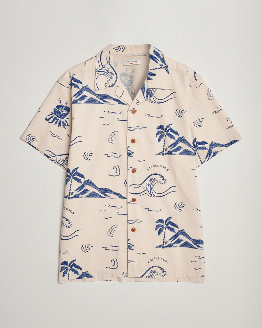 Uomini | Camicie | Nudie Jeans | Arvid Printed Waves Hawaii Short Sleeve Shirt Ecru