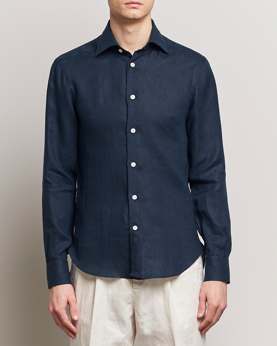 Uomini | Camicie | Kiton | Linen Sport Shirt Navy