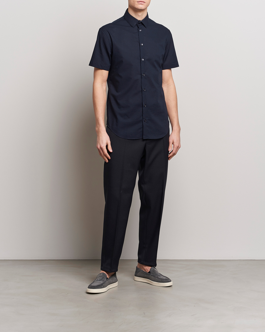 Uomini | Camicie | Giorgio Armani | Short Sleeve Seersucker Shirt Navy