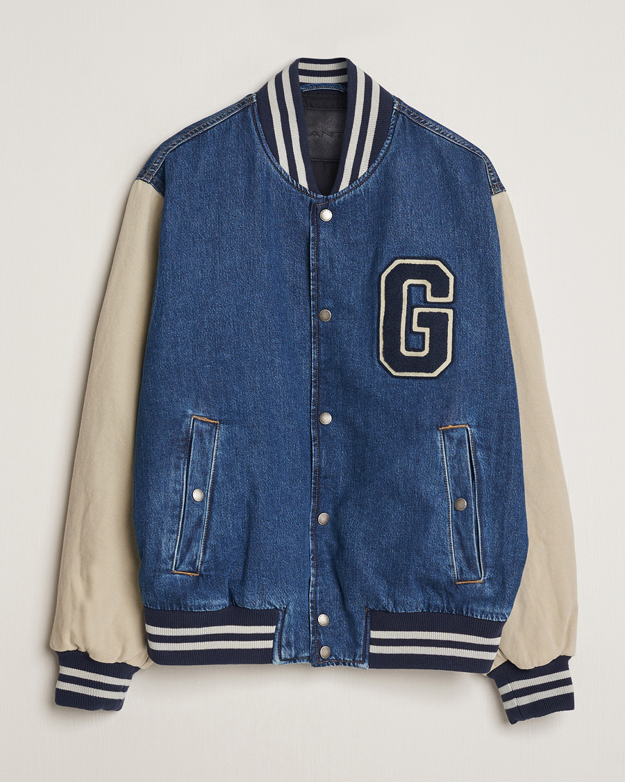 Uomini | Giacche | GANT | Denim Varsity Jacket Dark Blue Worn In