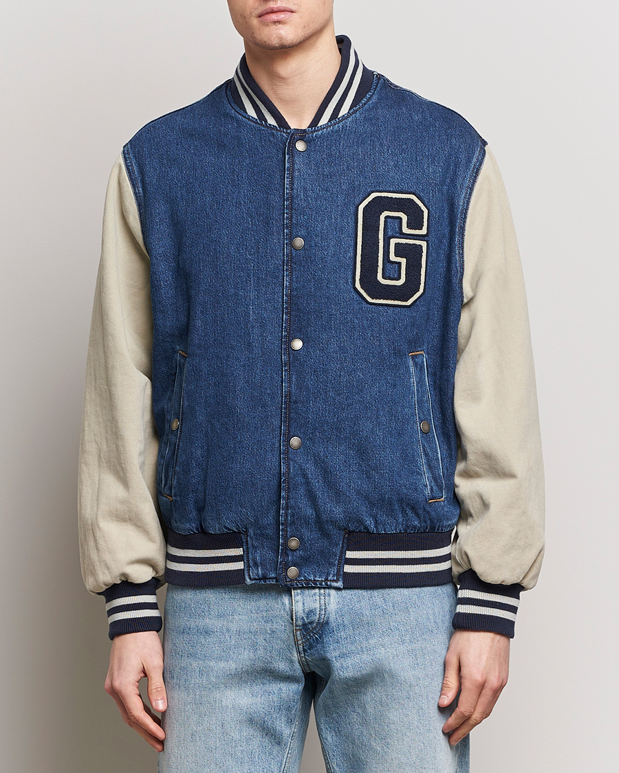 Uomini | Giacche | GANT | Denim Varsity Jacket Dark Blue Worn In