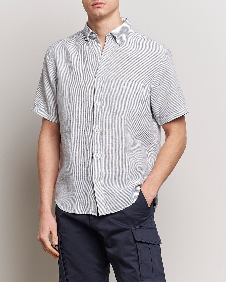 Uomini | Camicie | Gant | Regular Fit Striped Linen Short Sleeve Shirt White/Blue