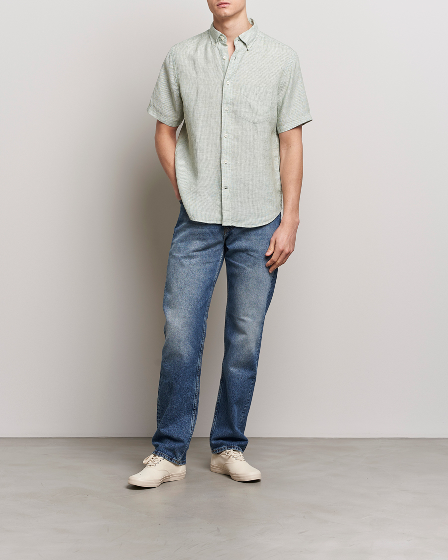 Uomini | Camicie | Gant | Regular Fit Striped Linen Short Sleeve Shirt Green/White