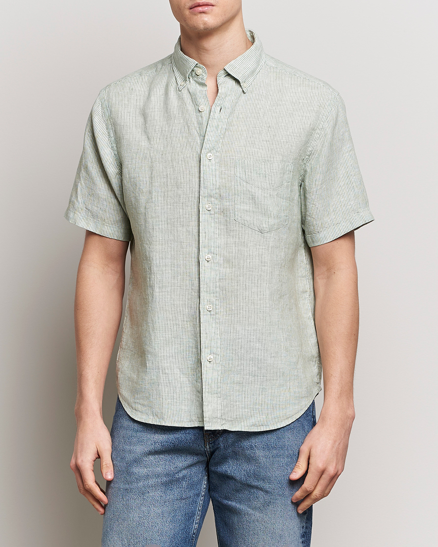 Uomini | Camicie | Gant | Regular Fit Striped Linen Short Sleeve Shirt Green/White