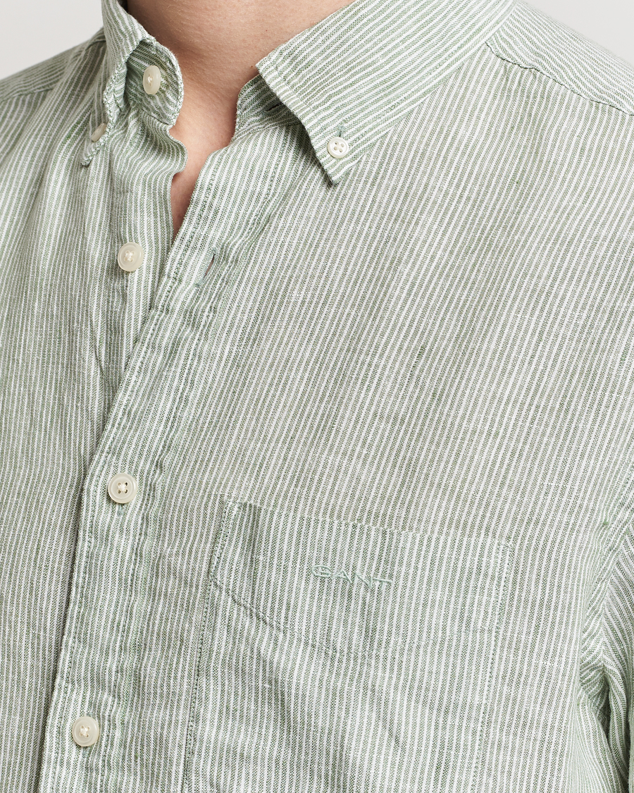 Uomini | Camicie | Gant | Regular Fit Striped Linen Short Sleeve Shirt Green/White