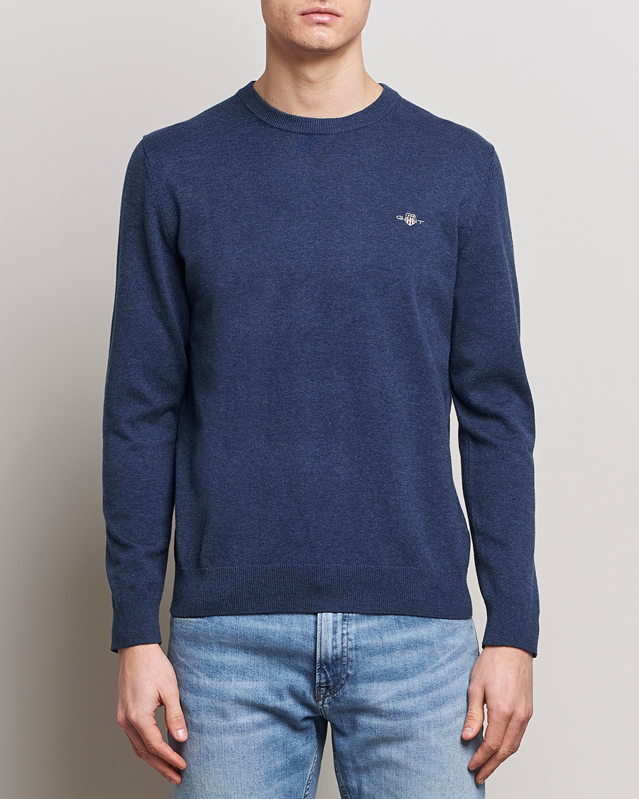 Uomini | Maglieria | GANT | Classic Cotton Crew Neck Dark Jeans Blue Melange