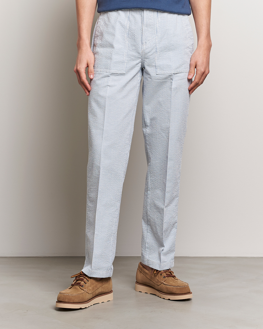 Uomini | Pantaloni | Morris | Seersucker Summer Slacks Light Blue