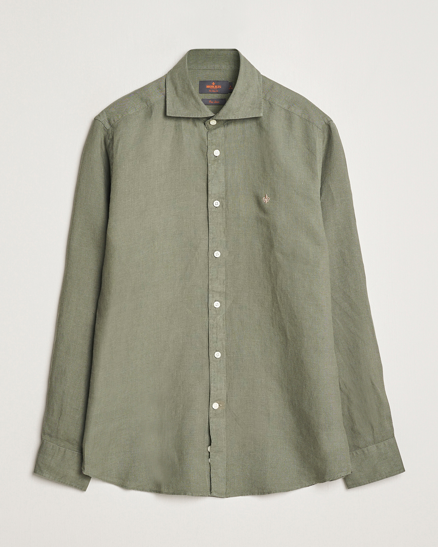 Uomini | Camicie | Morris | Slim Fit Linen Cut Away Shirt Olive