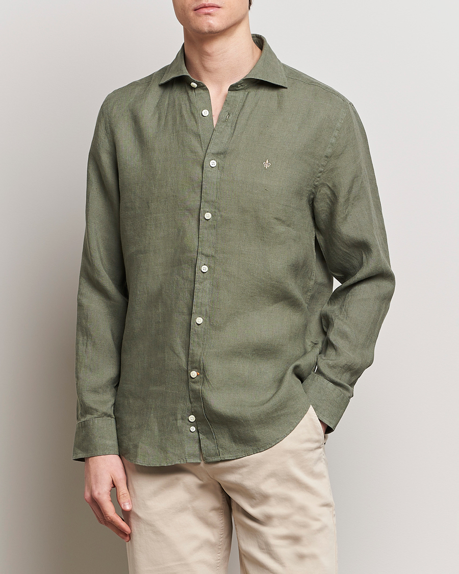 Uomini | Camicie | Morris | Slim Fit Linen Cut Away Shirt Olive