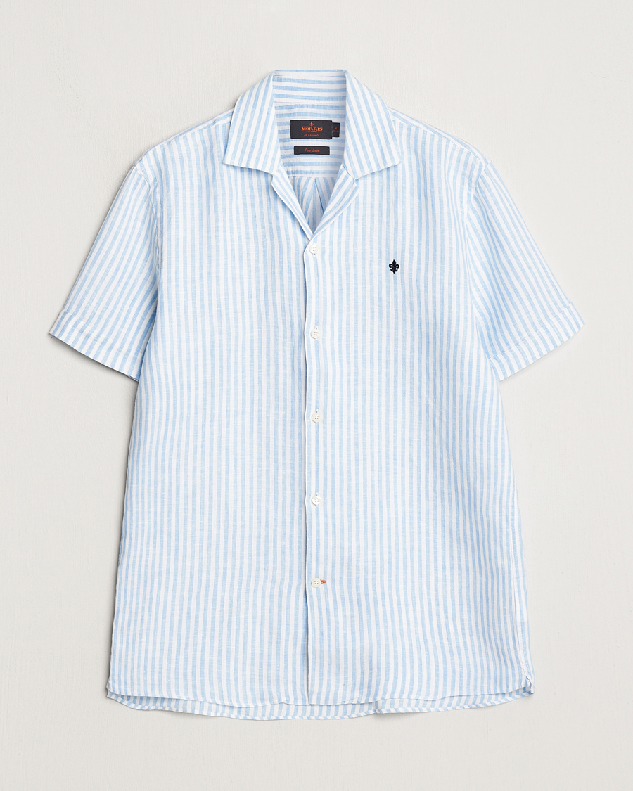 Uomini | Camicie | Morris | Striped Resort Linen Short Sleeve Shirt Light Blue