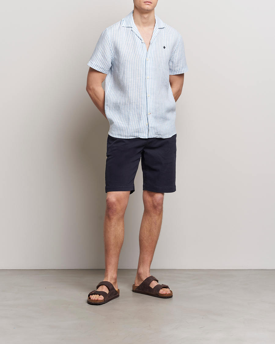 Uomini | Camicie | Morris | Striped Resort Linen Short Sleeve Shirt Light Blue