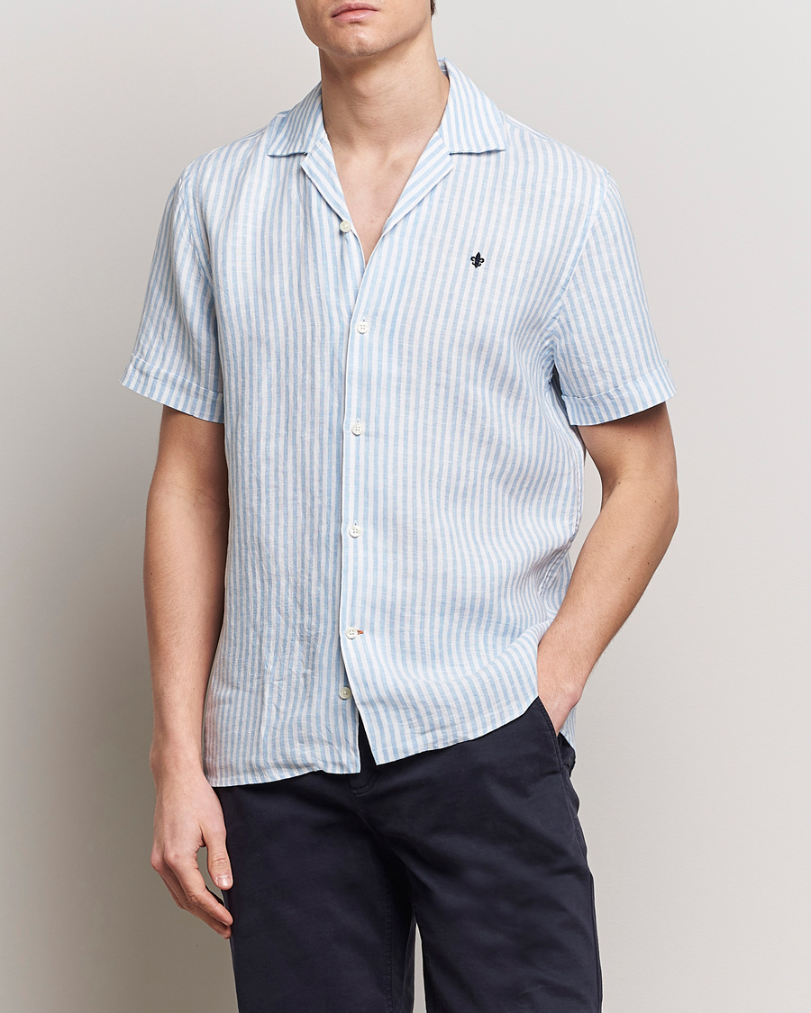 Uomini | Camicie | Morris | Striped Resort Linen Short Sleeve Shirt Light Blue