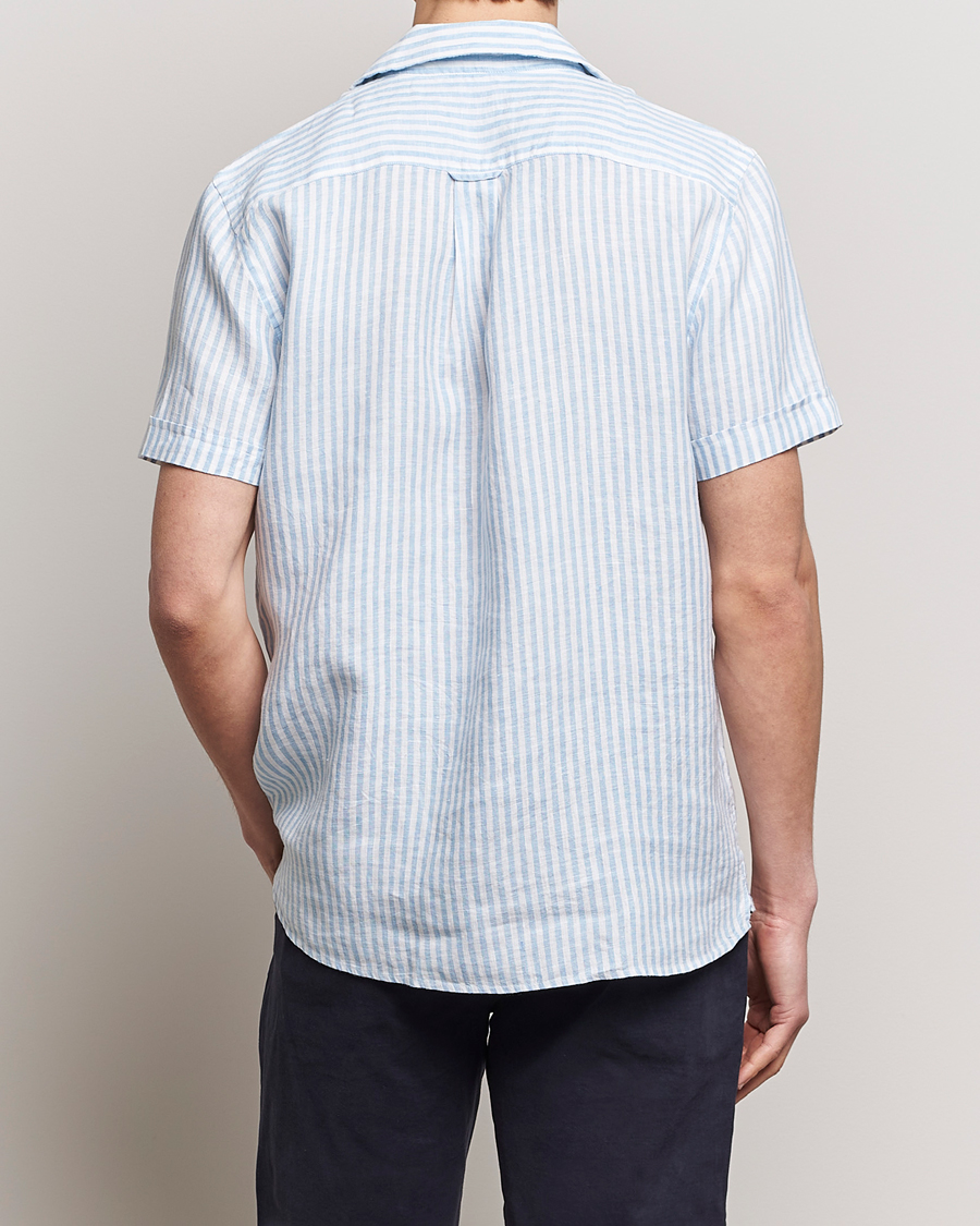 Uomini | Camicie | Morris | Striped Resort Linen Short Sleeve Shirt Light Blue
