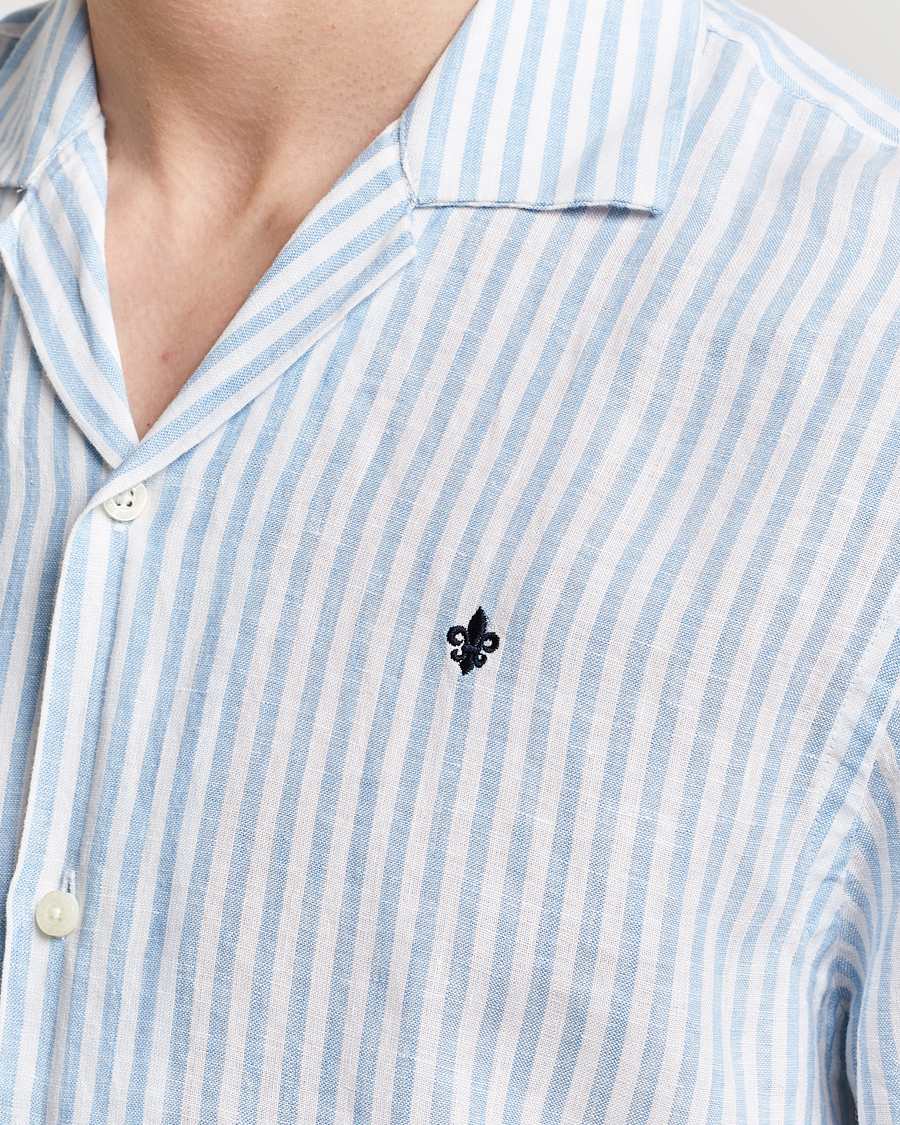 Uomini | Camicie | Morris | Striped Resort Linen Short Sleeve Shirt Light Blue
