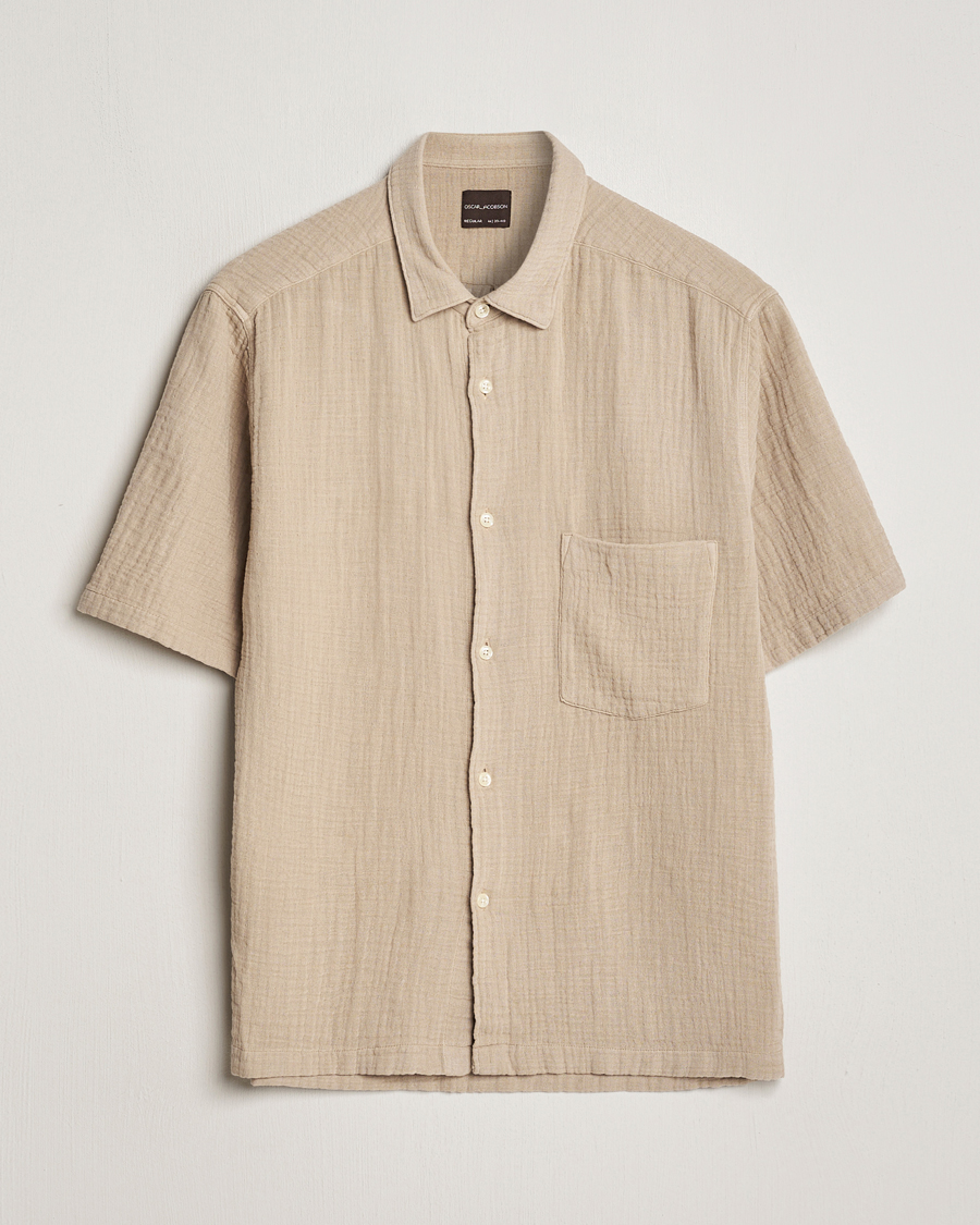 Uomini | Camicie | Oscar Jacobson | Short Sleeve City Crepe Cotton Shirt Beige