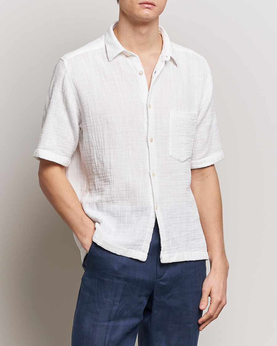 Uomini | Camicie | Oscar Jacobson | Short Sleeve City Crepe Cotton Shirt White