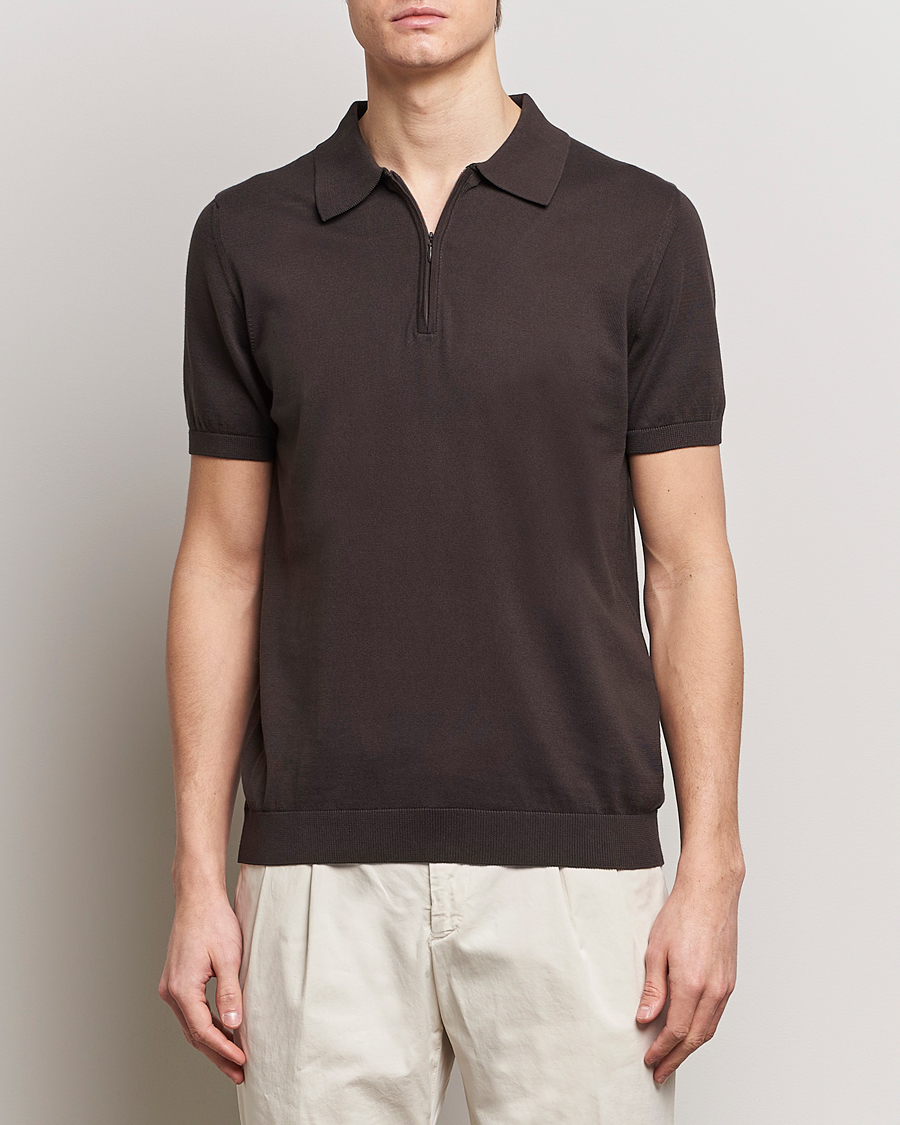 Uomini | Polo | Oscar Jacobson | Otto Short Sleeve Zip Polo Brown