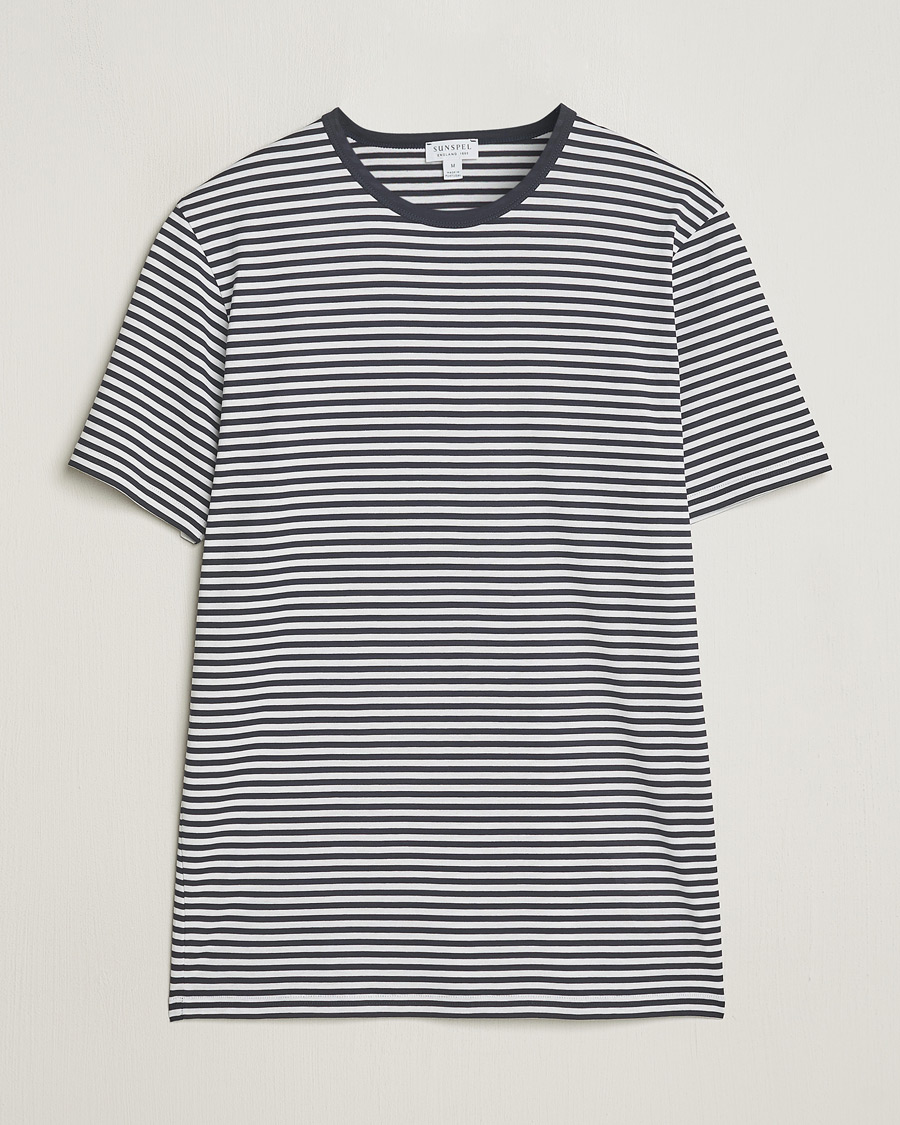 Uomini | T-shirt | Sunspel | Striped Crew Neck Q82 Cotton T-Shirt White/Navy