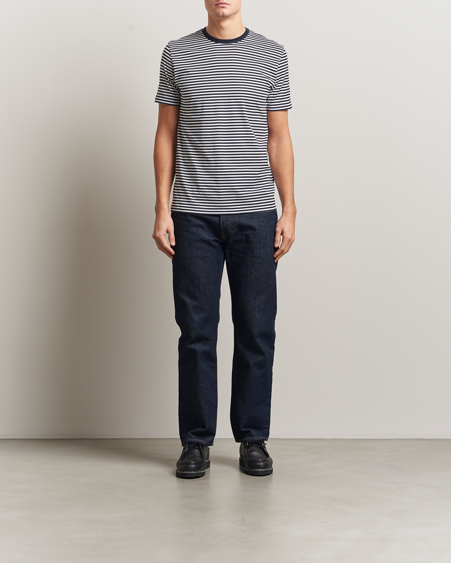 Uomini | T-shirt | Sunspel | Striped Crew Neck Q82 Cotton T-Shirt White/Navy