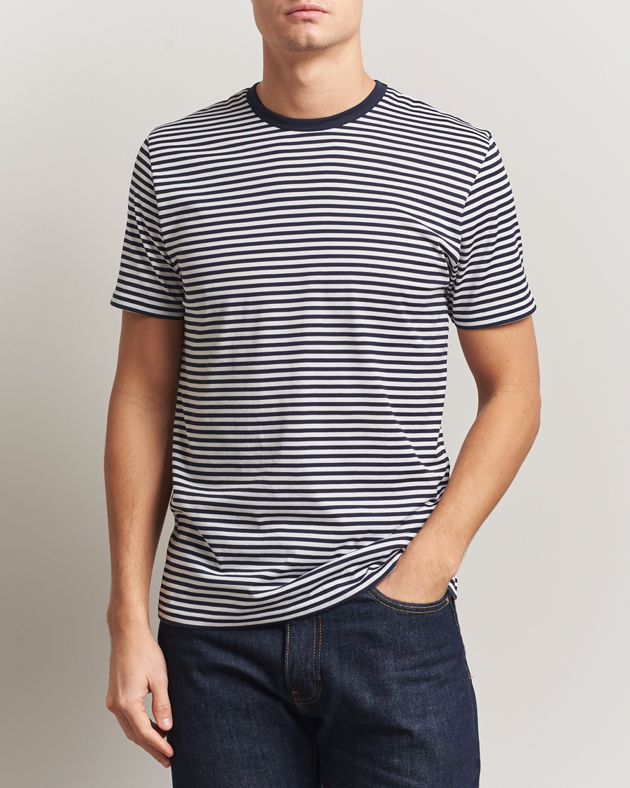 Uomini | T-shirt | Sunspel | Striped Crew Neck Q82 Cotton T-Shirt White/Navy