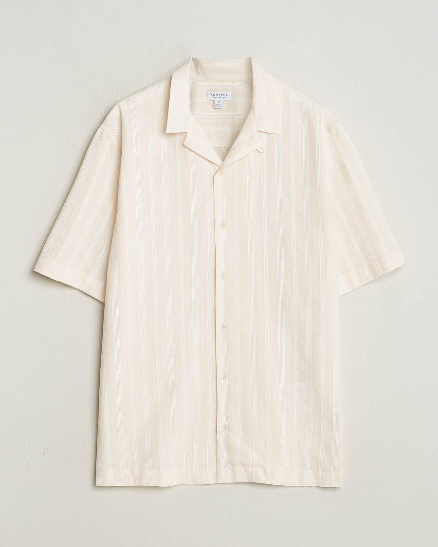 Uomini | Camicie | Sunspel | Embroidered Striped Short Sleeve Shirt Ecru