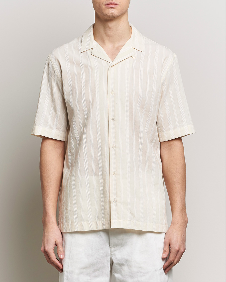 Uomini | Camicie | Sunspel | Embroidered Striped Short Sleeve Shirt Ecru