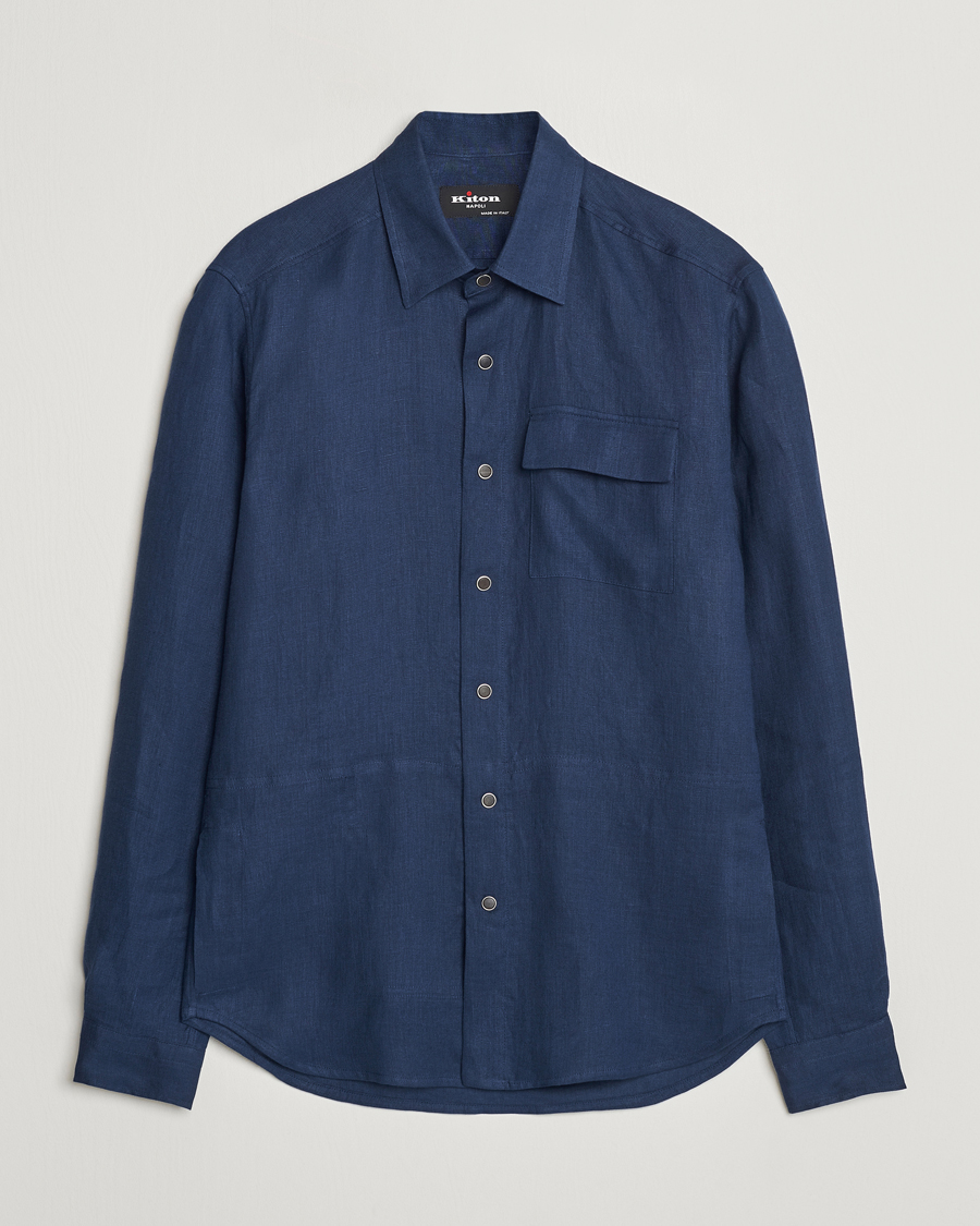 Uomini | Camicie | Kiton | Pure Linen Overshirt Dark Blue