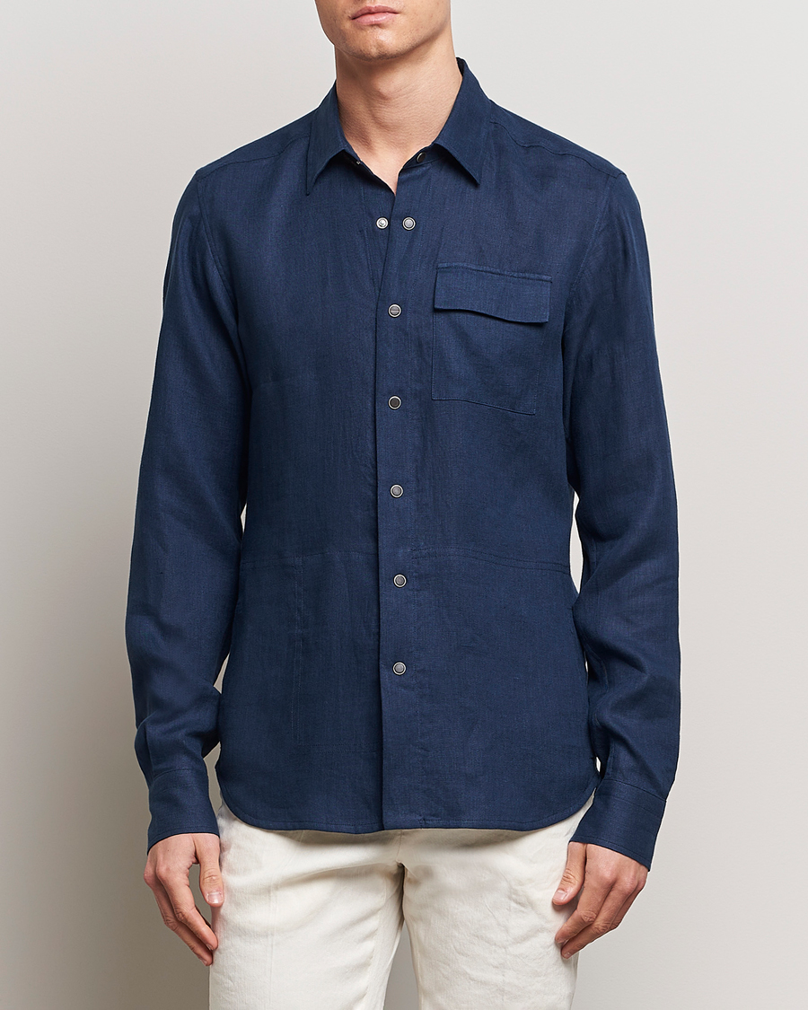 Uomini | Camicie | Kiton | Pure Linen Overshirt Dark Blue