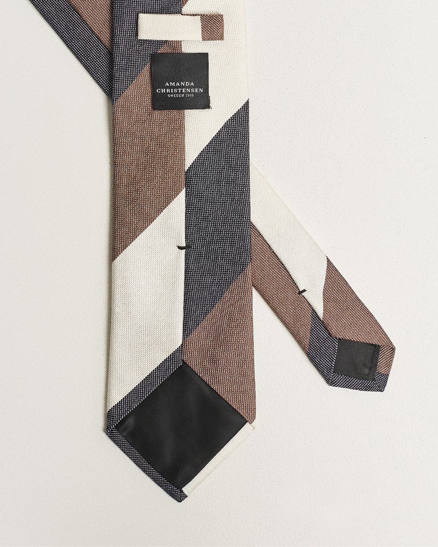 Uomini | Amanda Christensen Silk Bouclé Block Striped 8cm Tie White/Blue/Brown | Amanda Christensen | Silk Bouclé Block Striped 8cm Tie White/Blue/Brown
