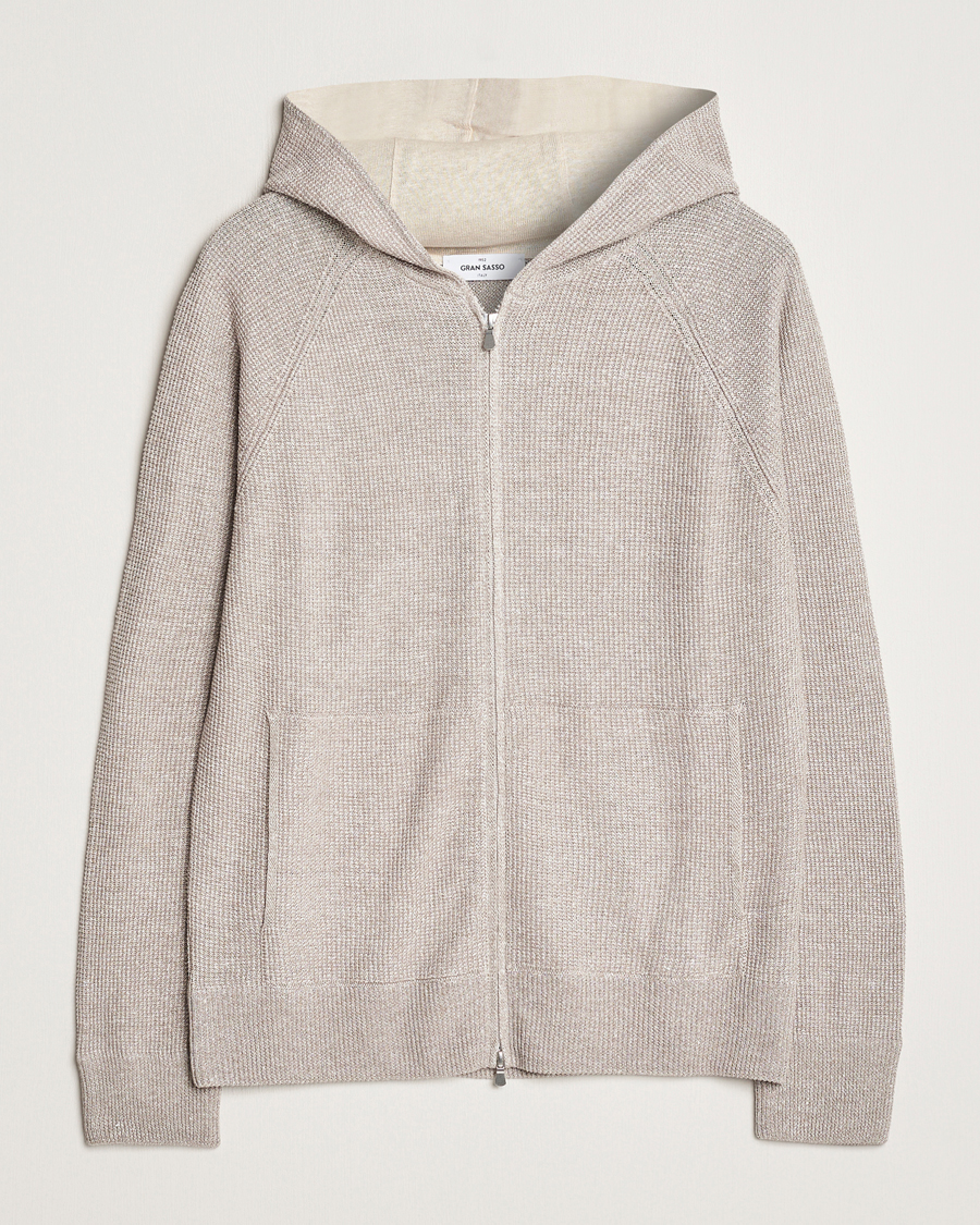 Uomini | Maglieria | Gran Sasso | Linen/Cotton Knitted Hooded Full Zip Beige Melange